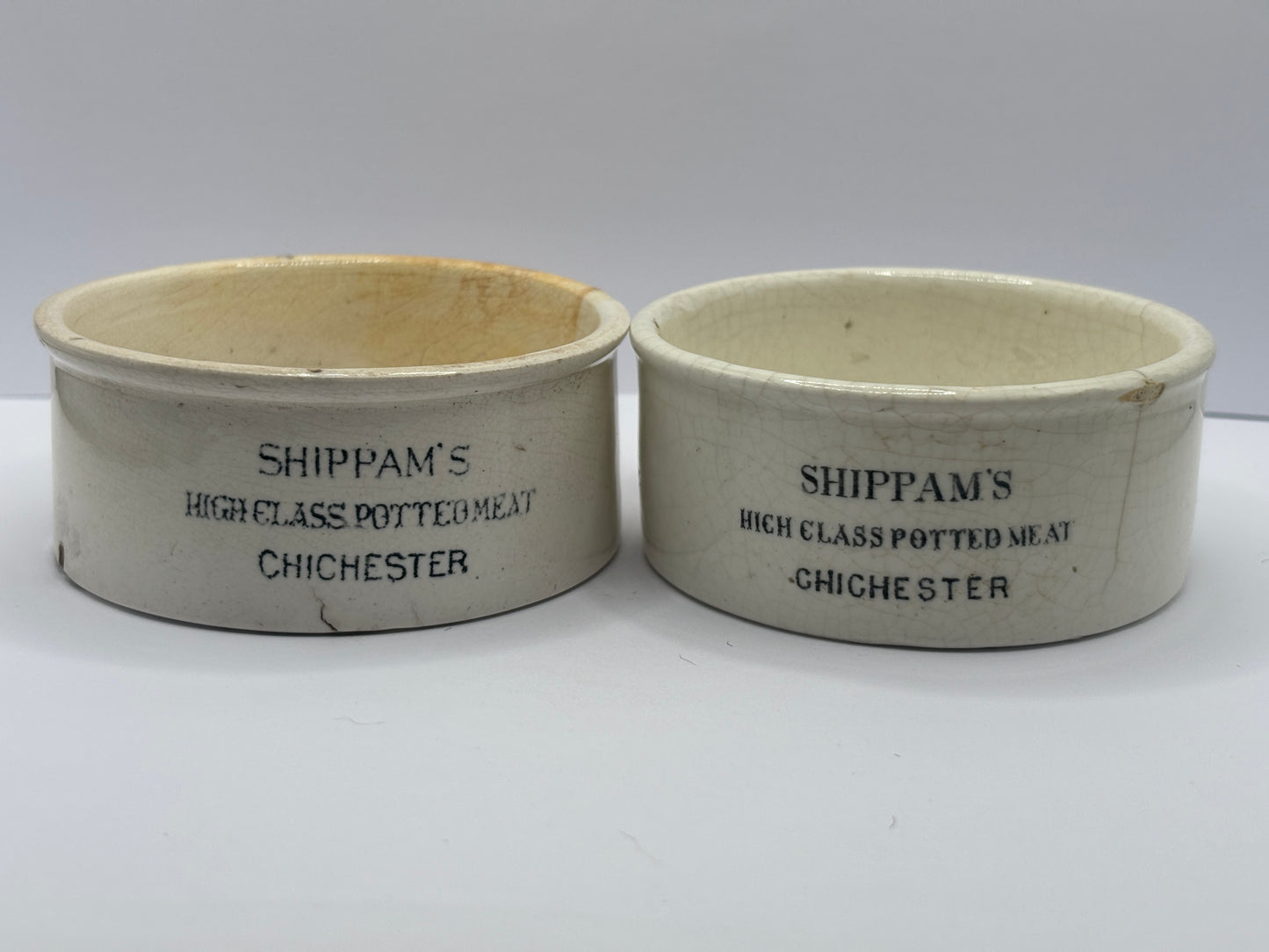 2 old advertising meat paste pots, Shippams