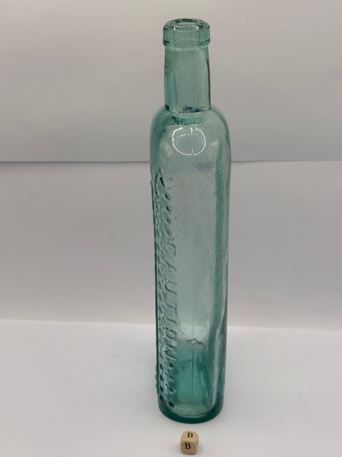 Old large aqua glass poison bottle 24cms (B)