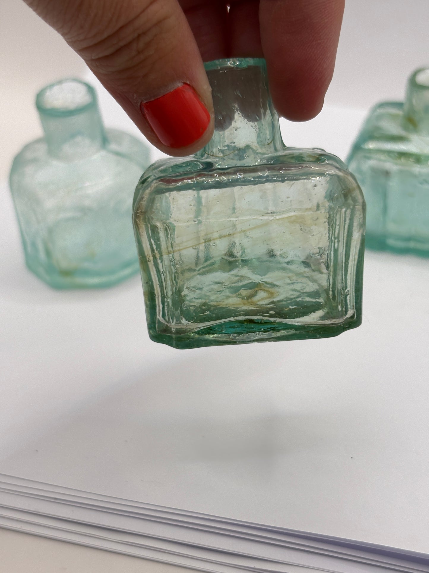 5 old aqua glass inks swirly inks, inkwells, ink bottles, penny ink.
