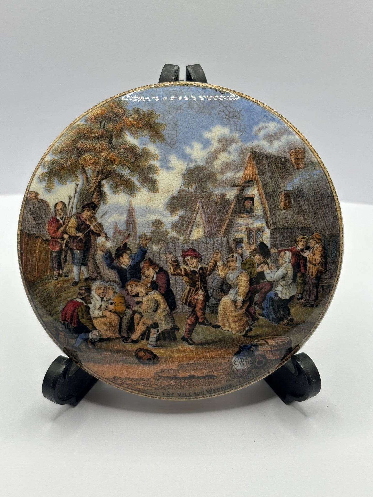 Old Prattware lid, victorian pot lid. The village wedding, Pratt lid