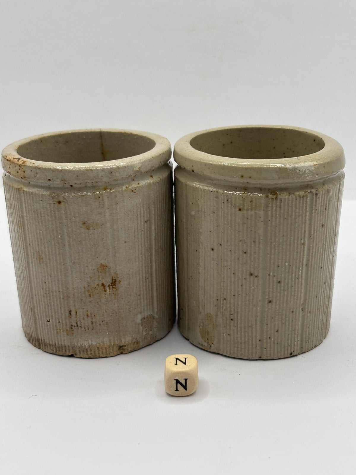 2 Old small ribbed stoneware jam pots (N) hairlined