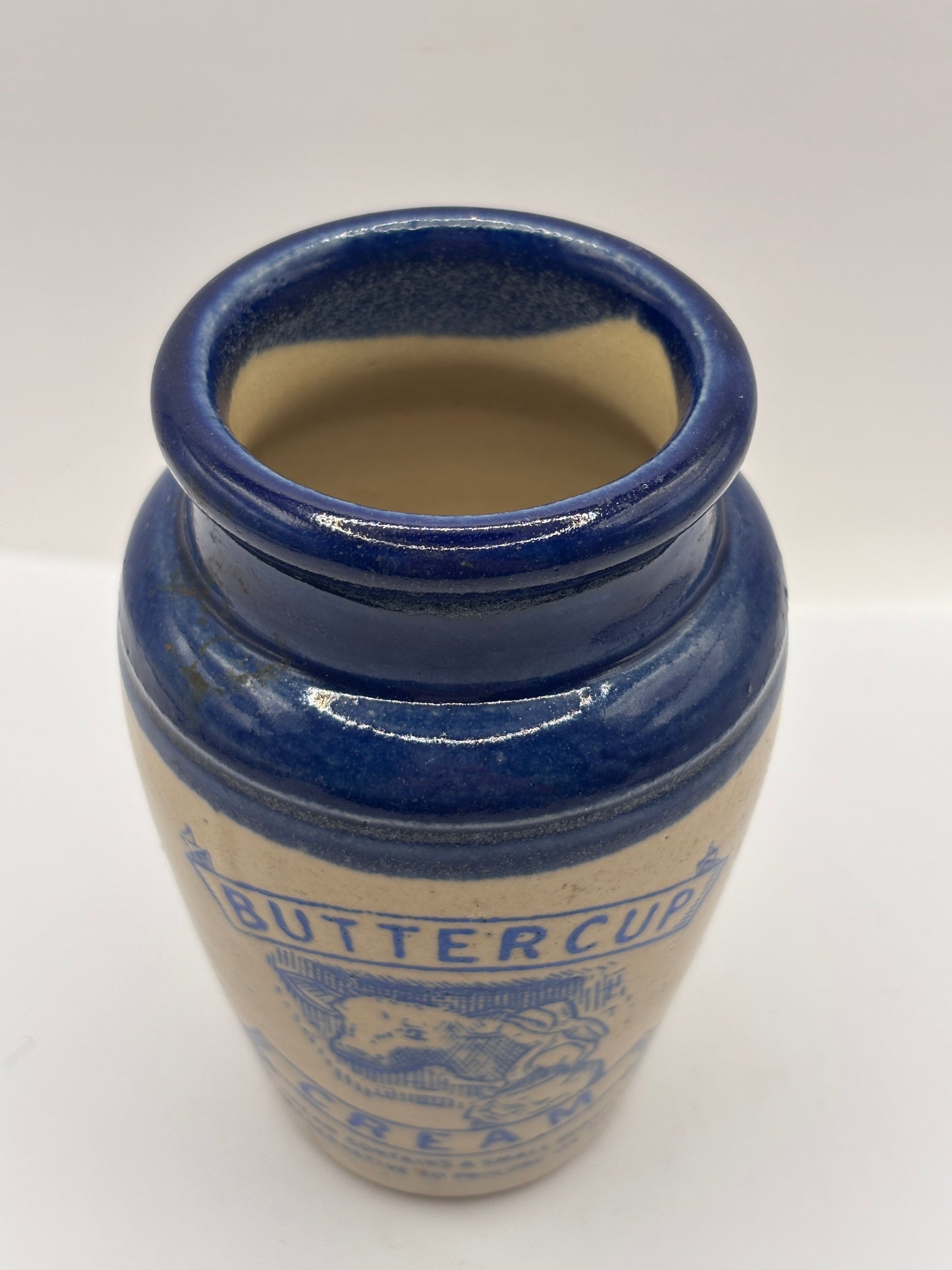 Old blue top advertising cream pot, Buttercup cream, 11.5cms