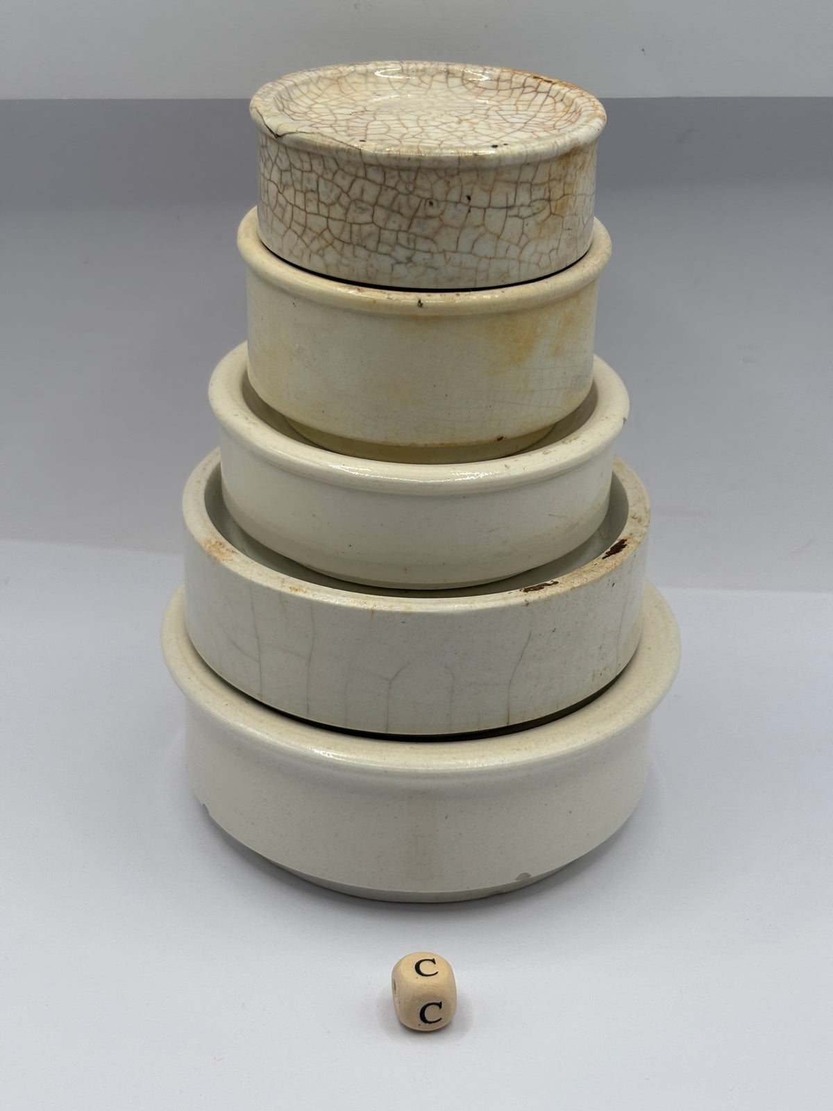 5 old stoneware pot lid bases, stackers (c)