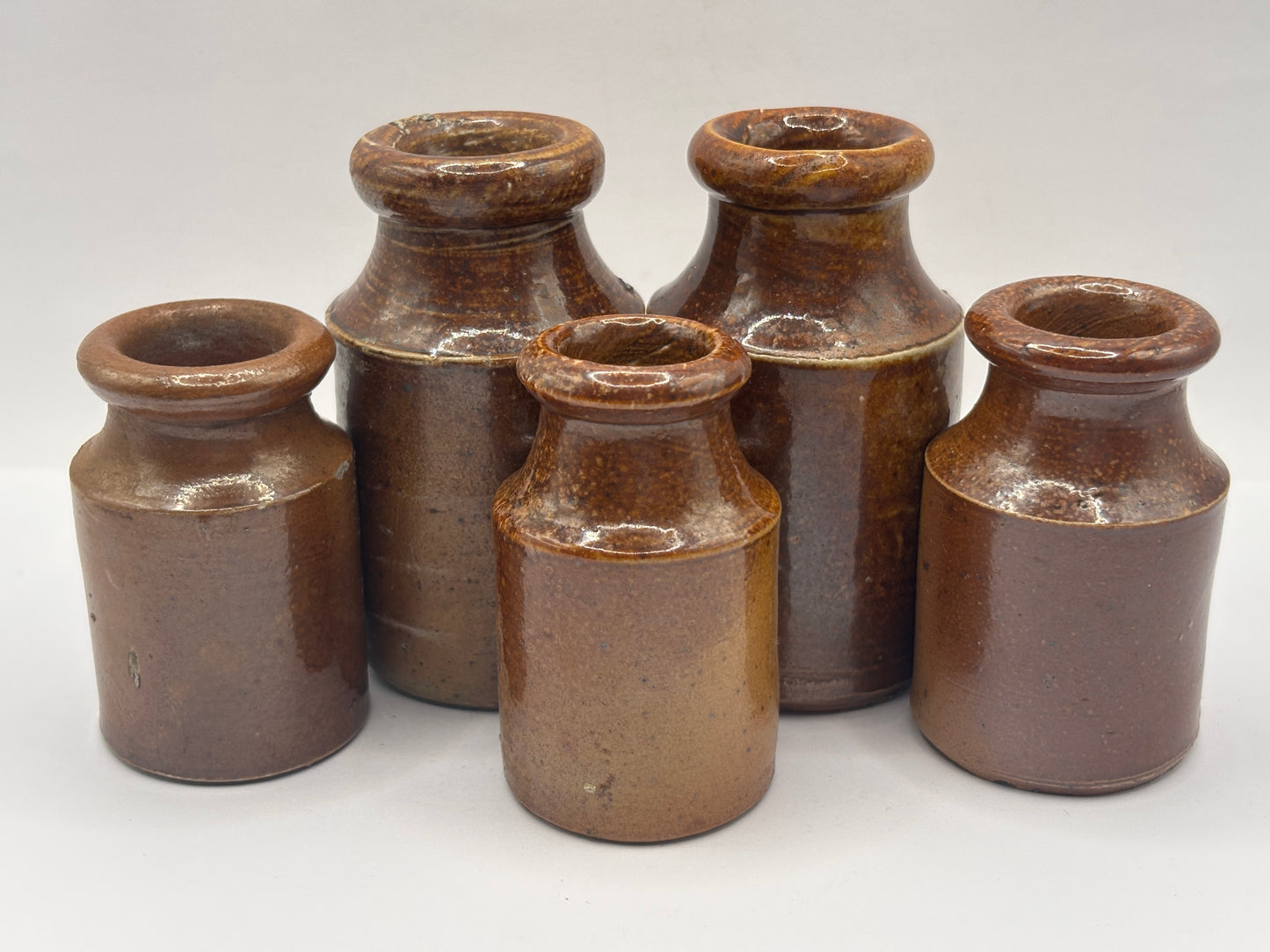 5 old small brown stoneware pots