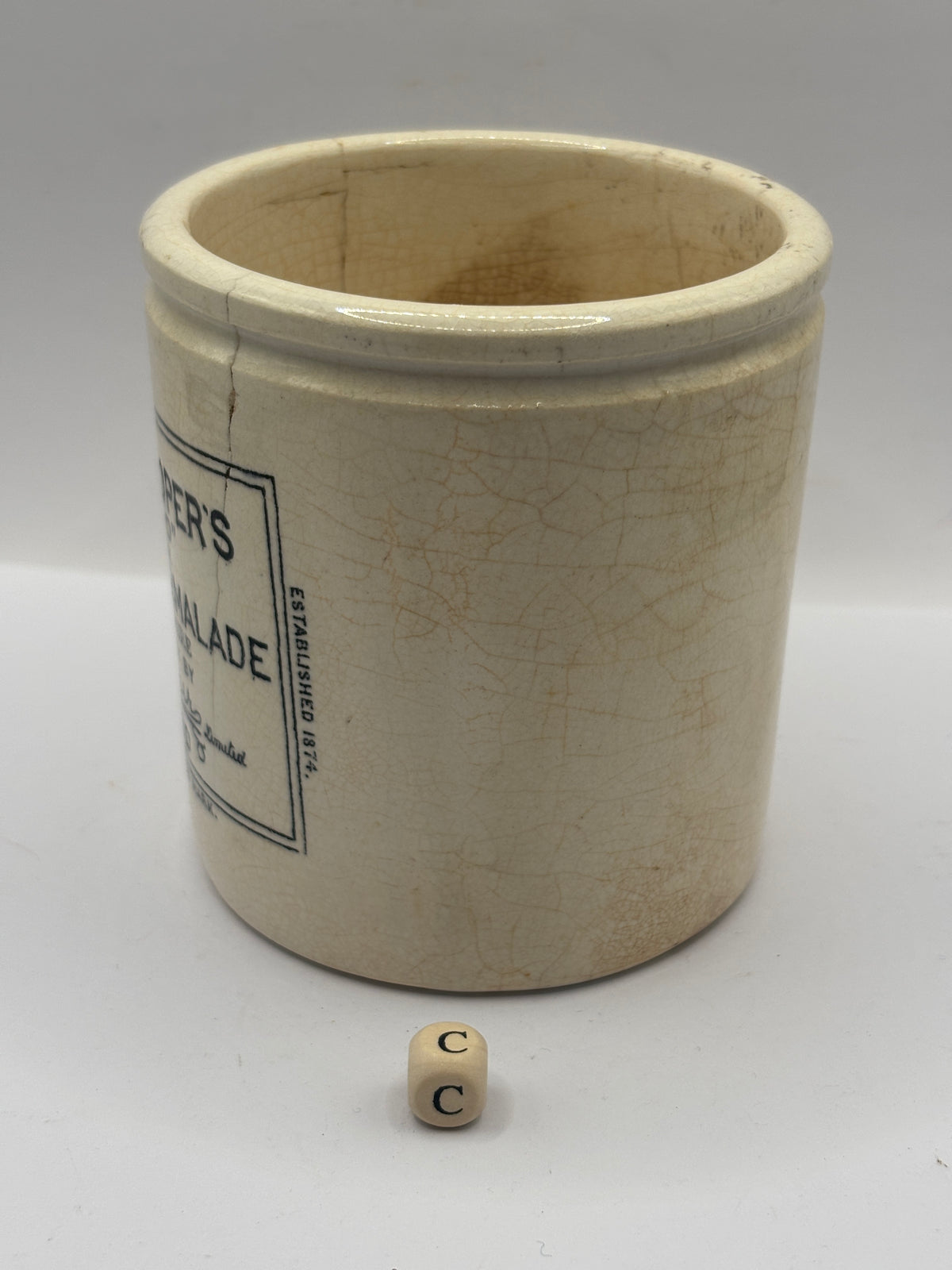 Old 1lb stoneware marmalade pot, Frank Coopers. Damaged (c)