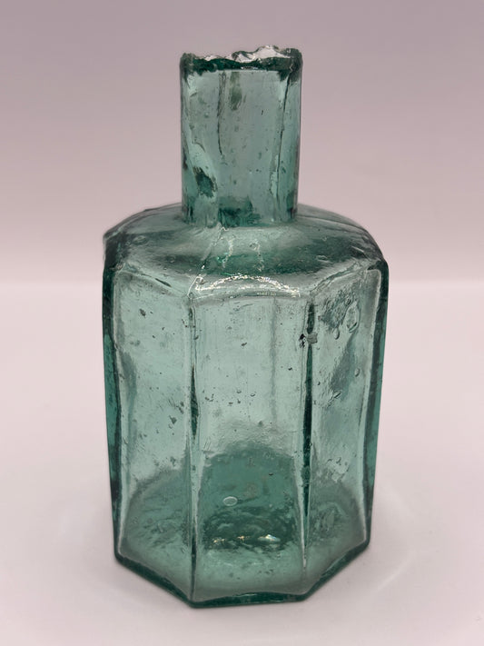 Old large aqua glass inkwell, ink bottle, penny ink