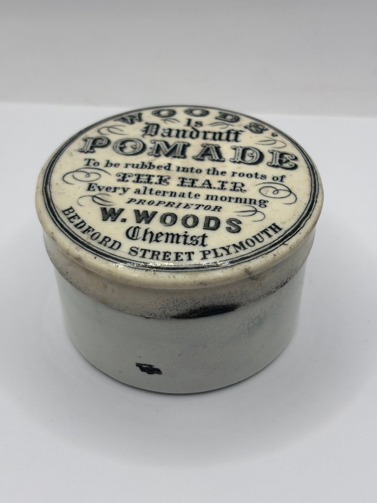 Old advertising lid and base. Woods Dandruff Pomade