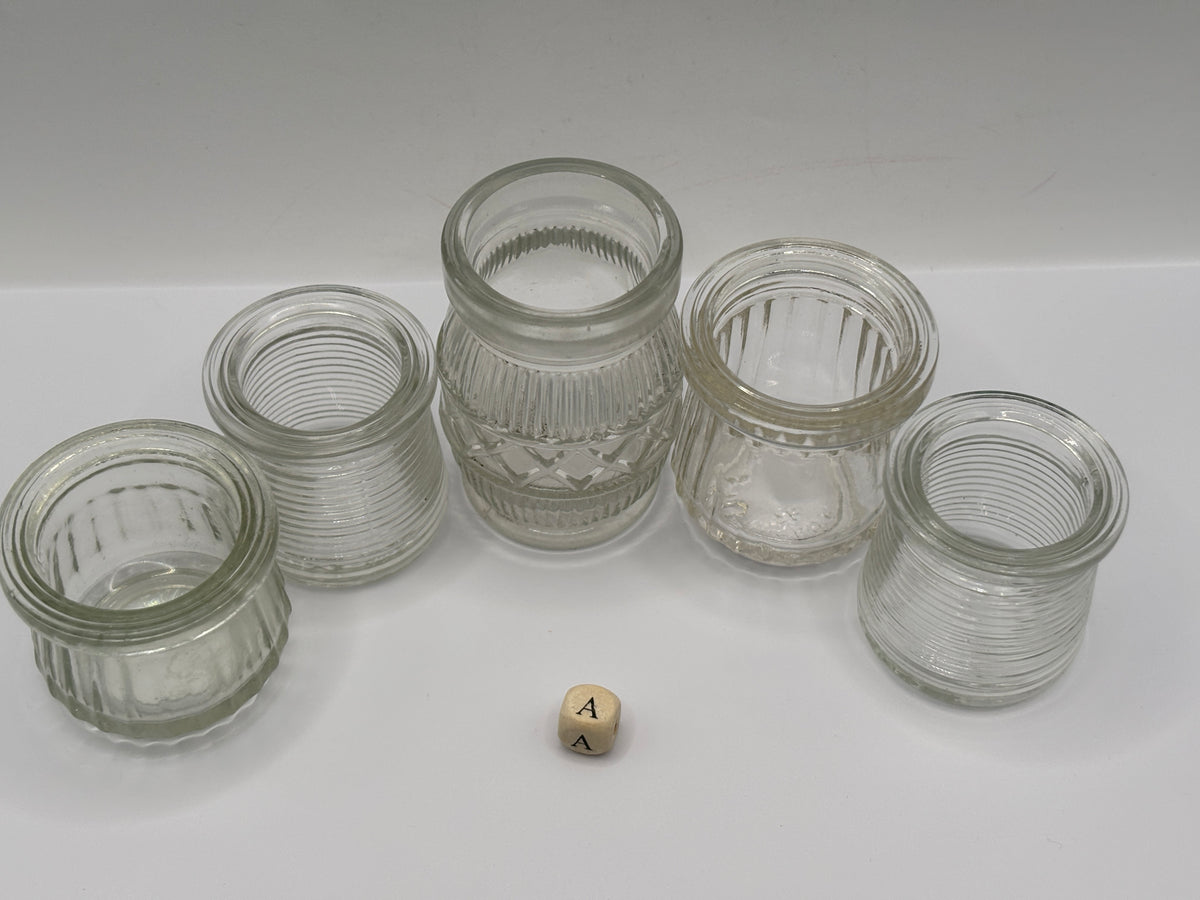 5 old clear glass meat paste jars (a)