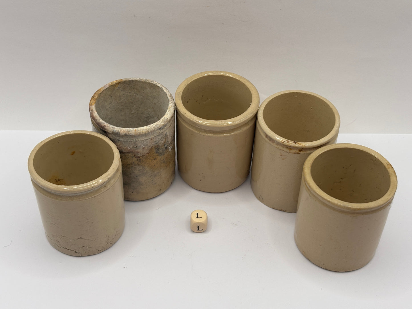 5 old white stoneware jars & pots (L)