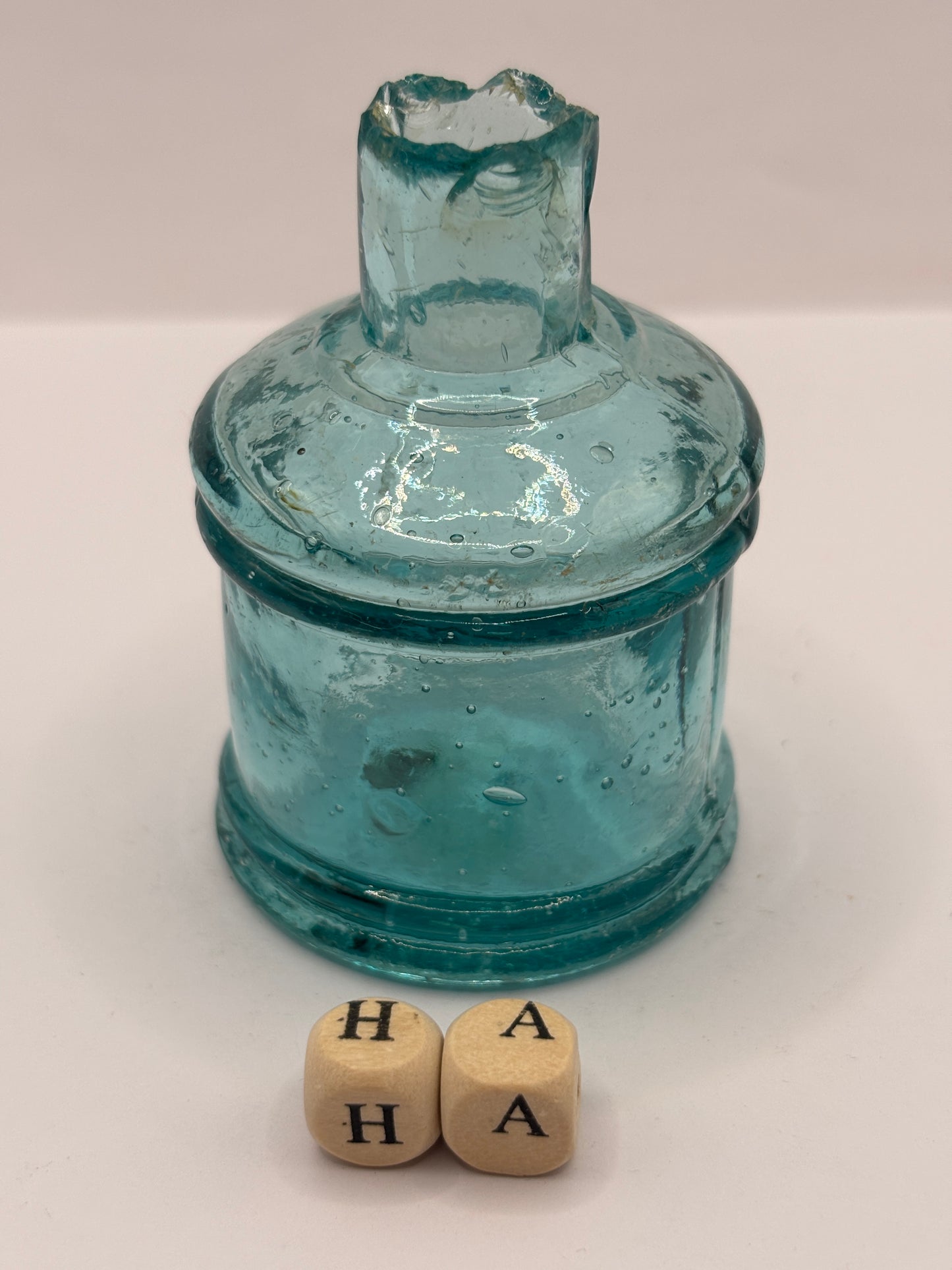 Old dark aqua glass inkwell, penny ink, ink bottle (HA)