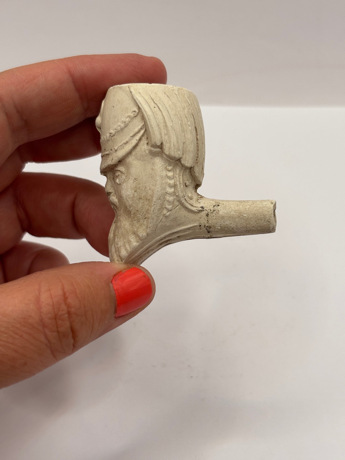 Old figural clay pipe head, pipe bowl