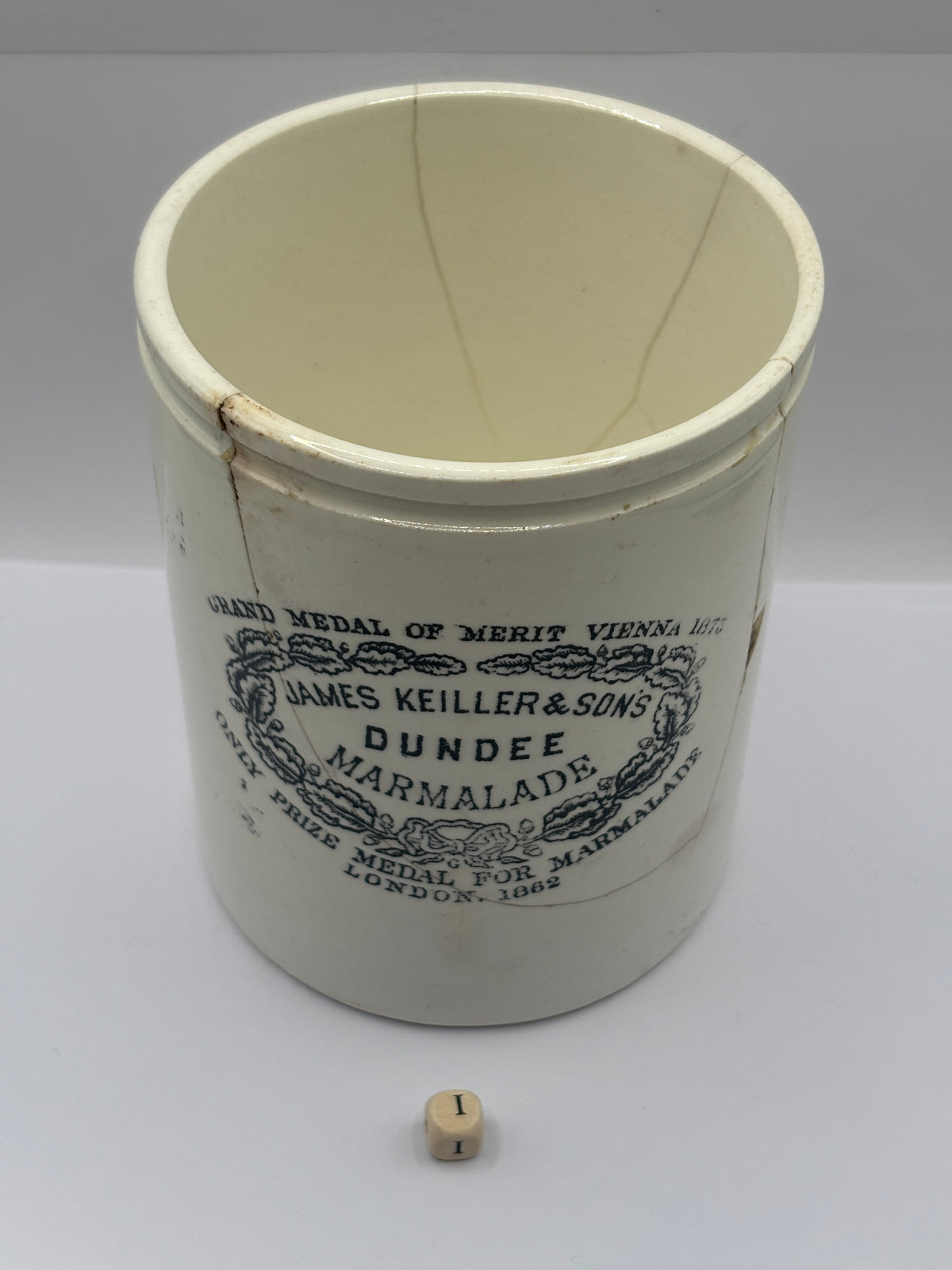 Old large 3lb stoneware marmalade pot, James Keiller Dundee marmalade (i) damaged