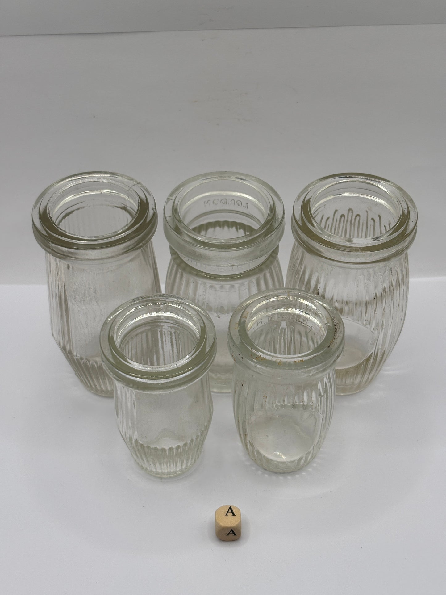 5 old clear glass meat paste jars (a)