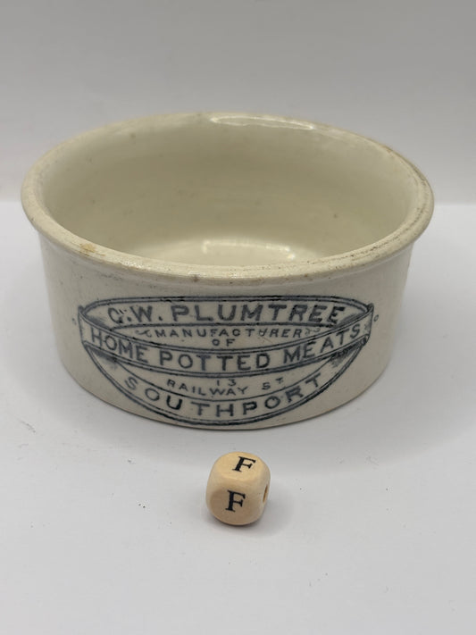 Old advertising meat paste pot, Plumtree home potted meats (f)