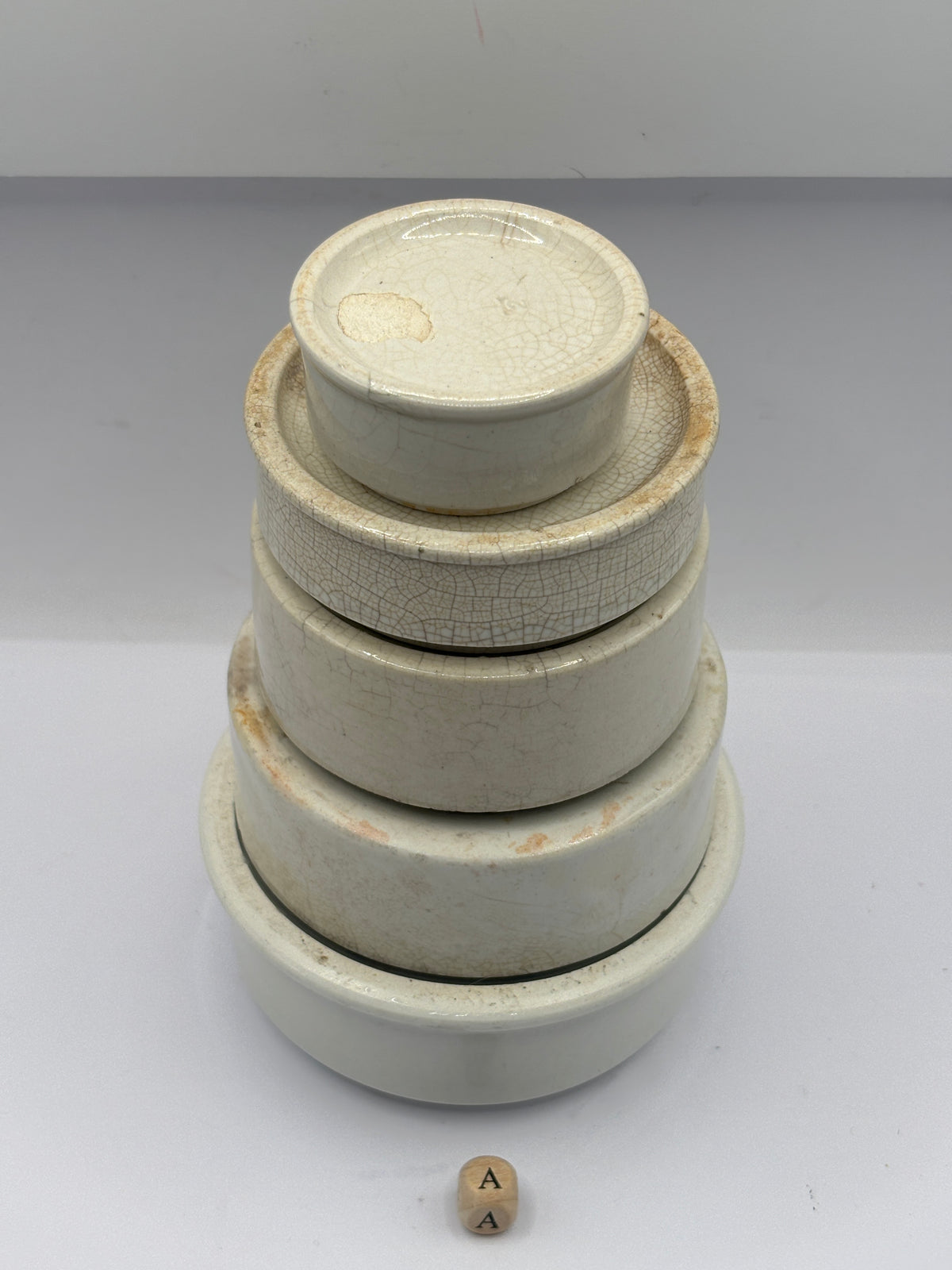 5 old stoneware pot lid bases, stackers (a)