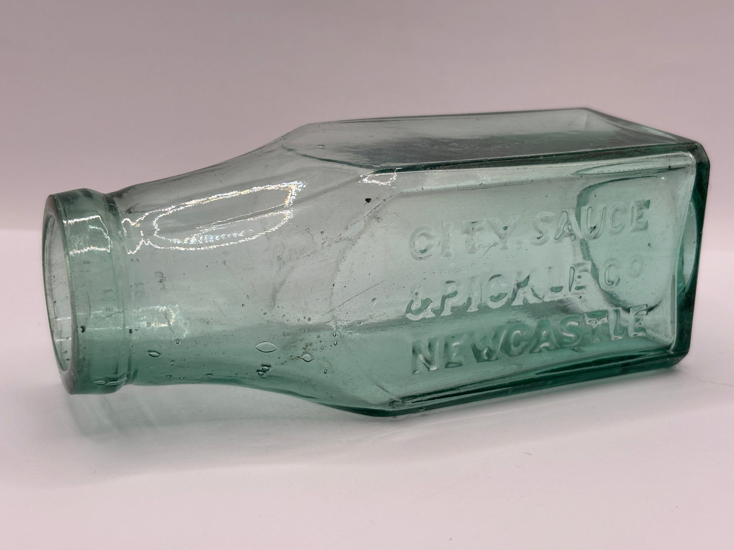 Old aqua glass advertising pickle jar, preserve. City sauce