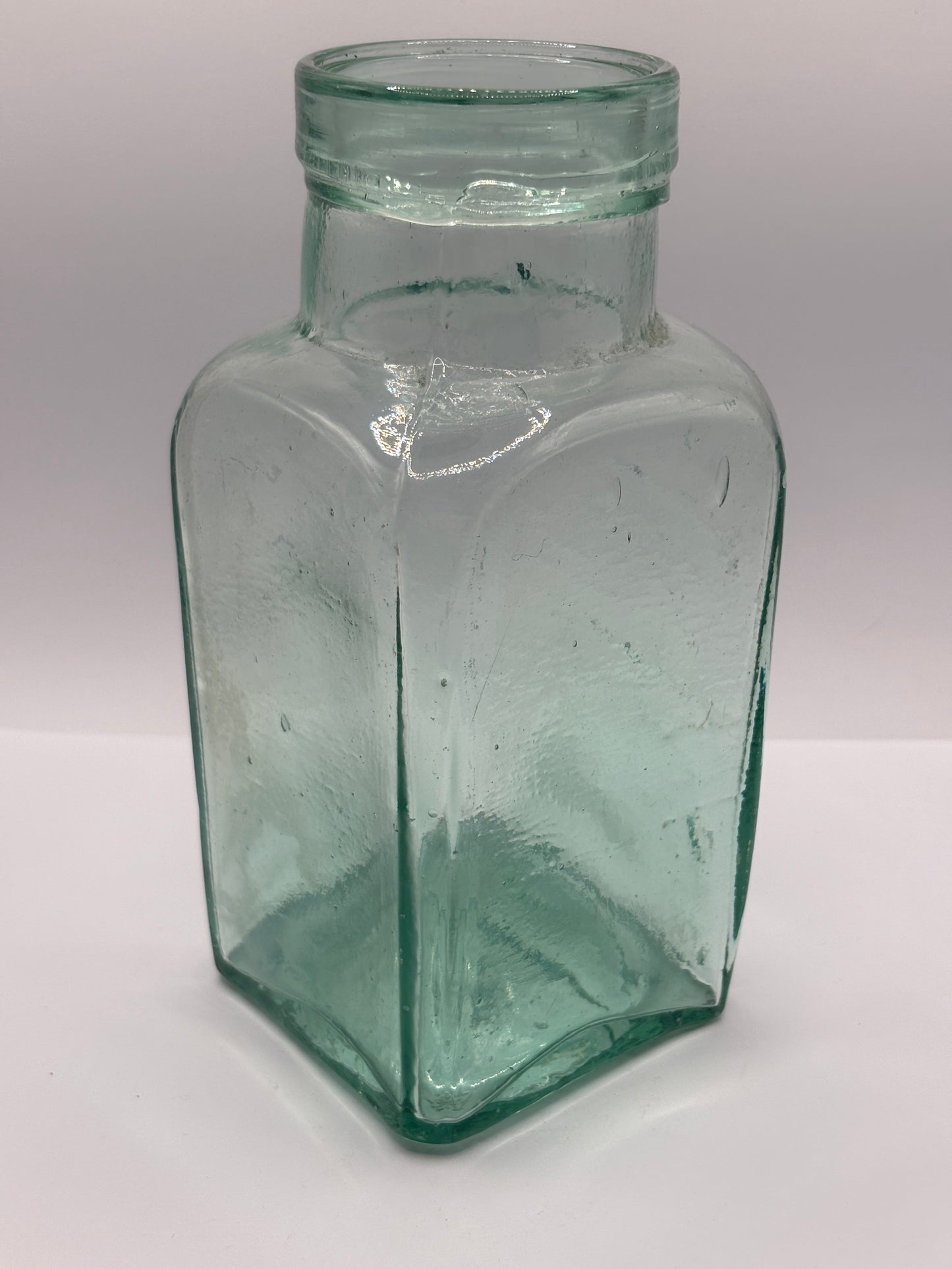 Old square aqua glass pickle jar