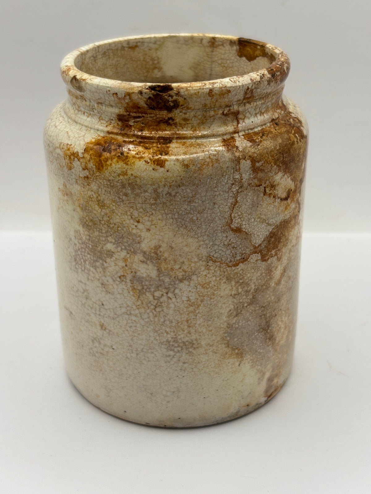 Old 1lb rolled top stoneware jam pot stained & crazed