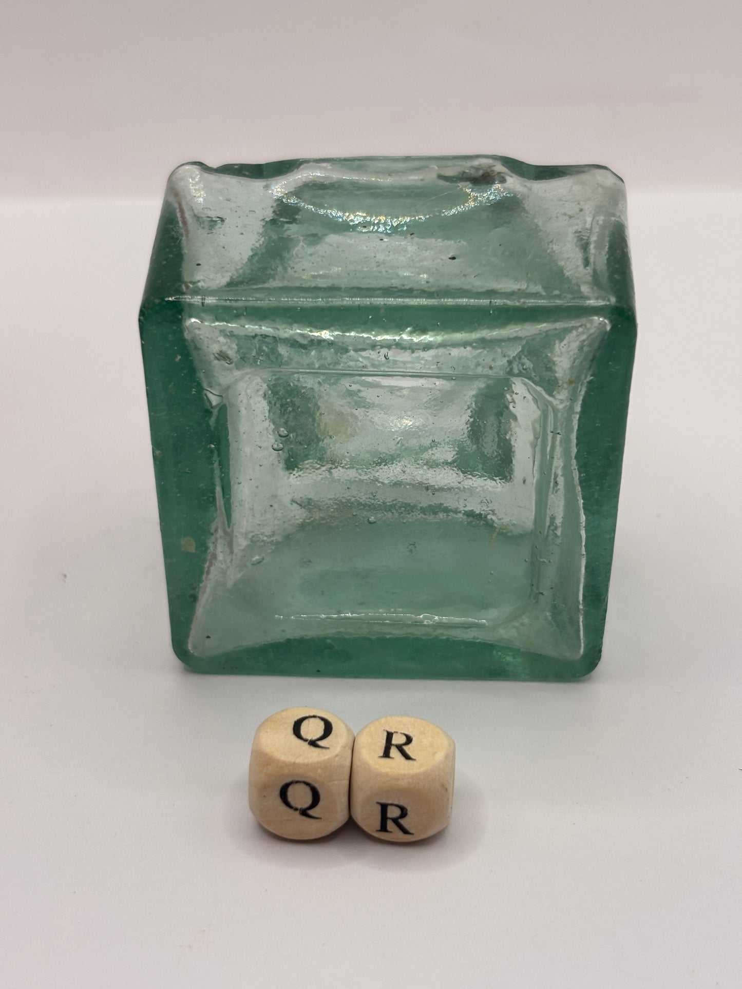 Old aqua glass inkwell (QR)