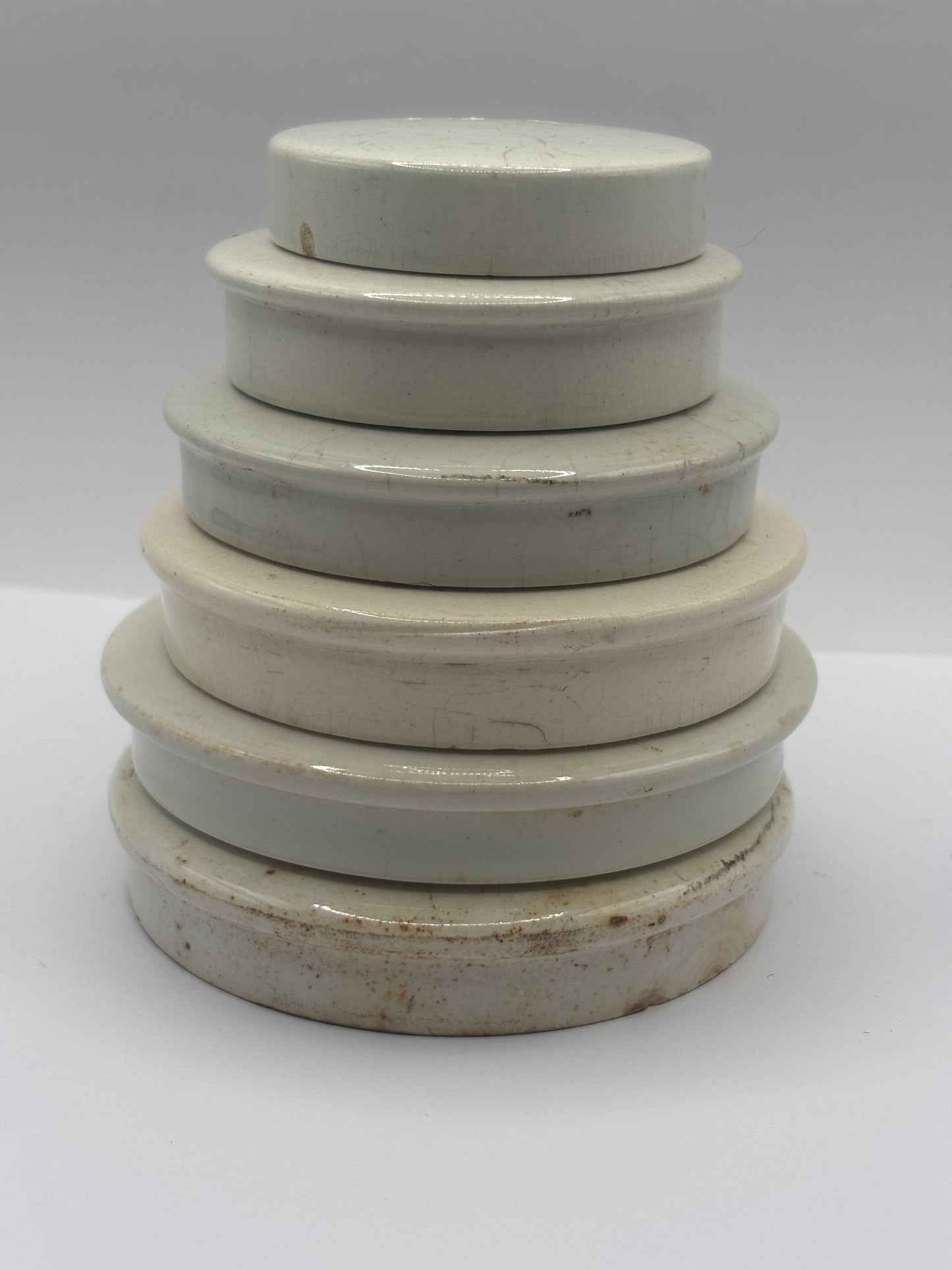 6 old plain stoneware lids, stacking lids