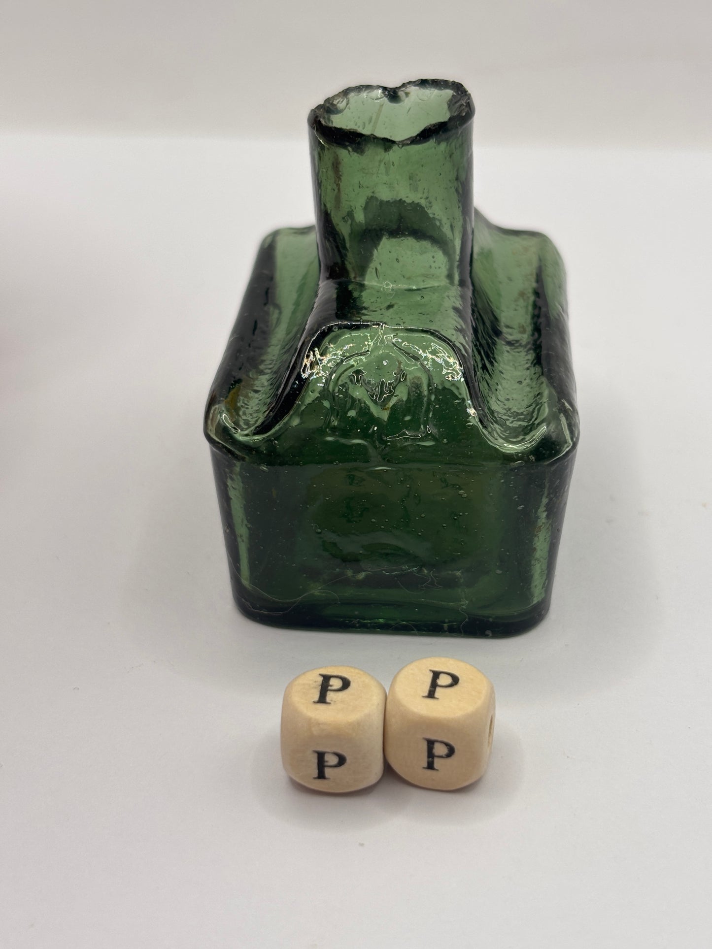 Old green glass boat ink, inkwell. Morrells (PP)