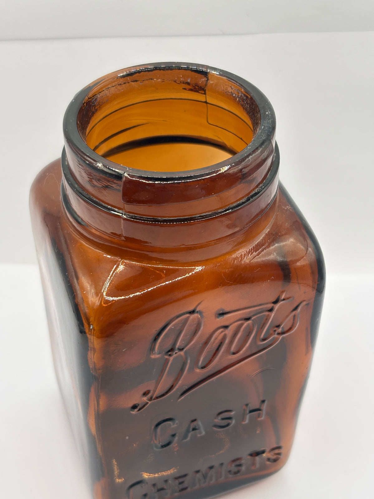 Old amber glass Boots Cash chemists jar 16cms