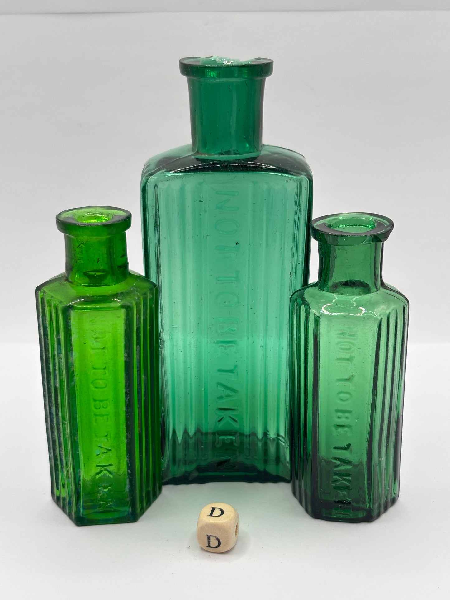 3 old green glass poison bottles, chipped (D)