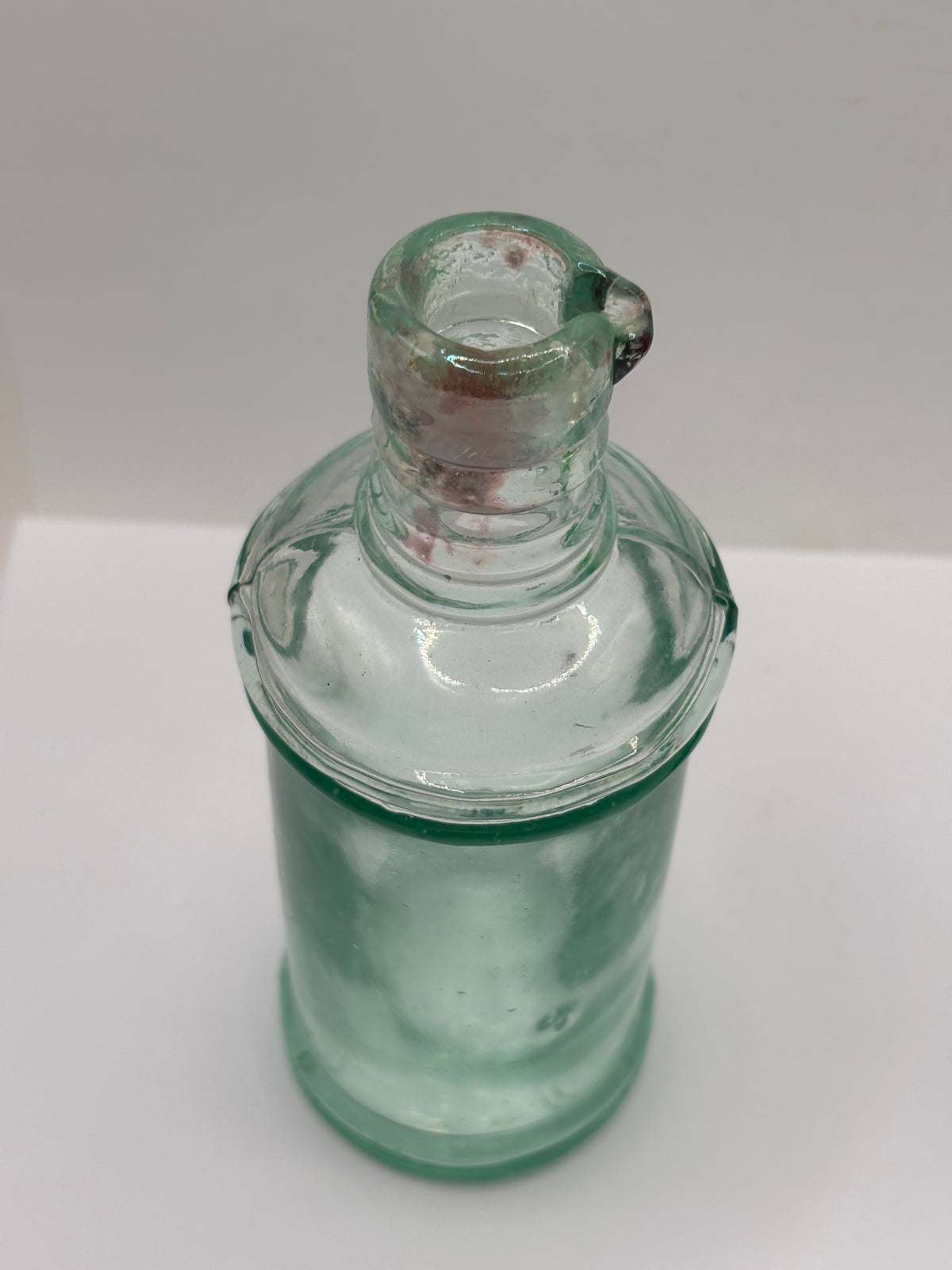 Old tall aqua glass inkwell, ink bottle, pouring ink 14.5cms
