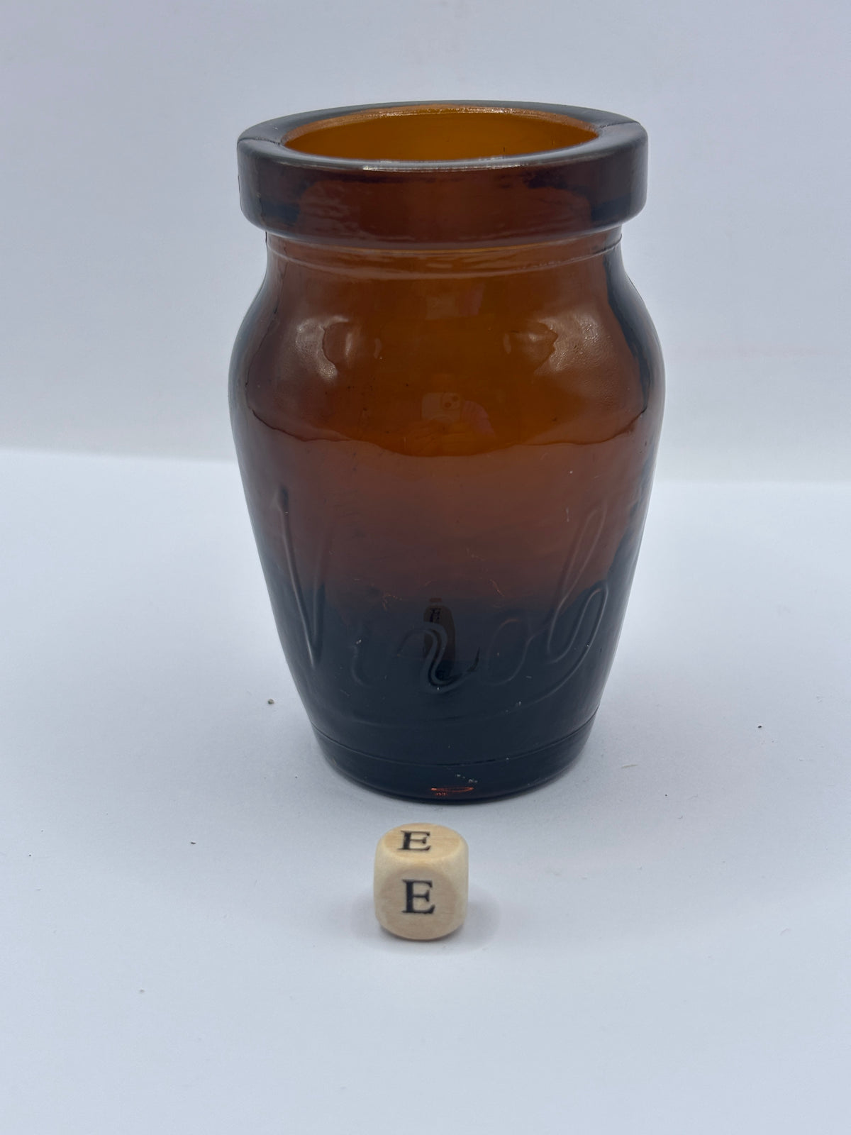 Old amber glass Virol jar (e) 8cms