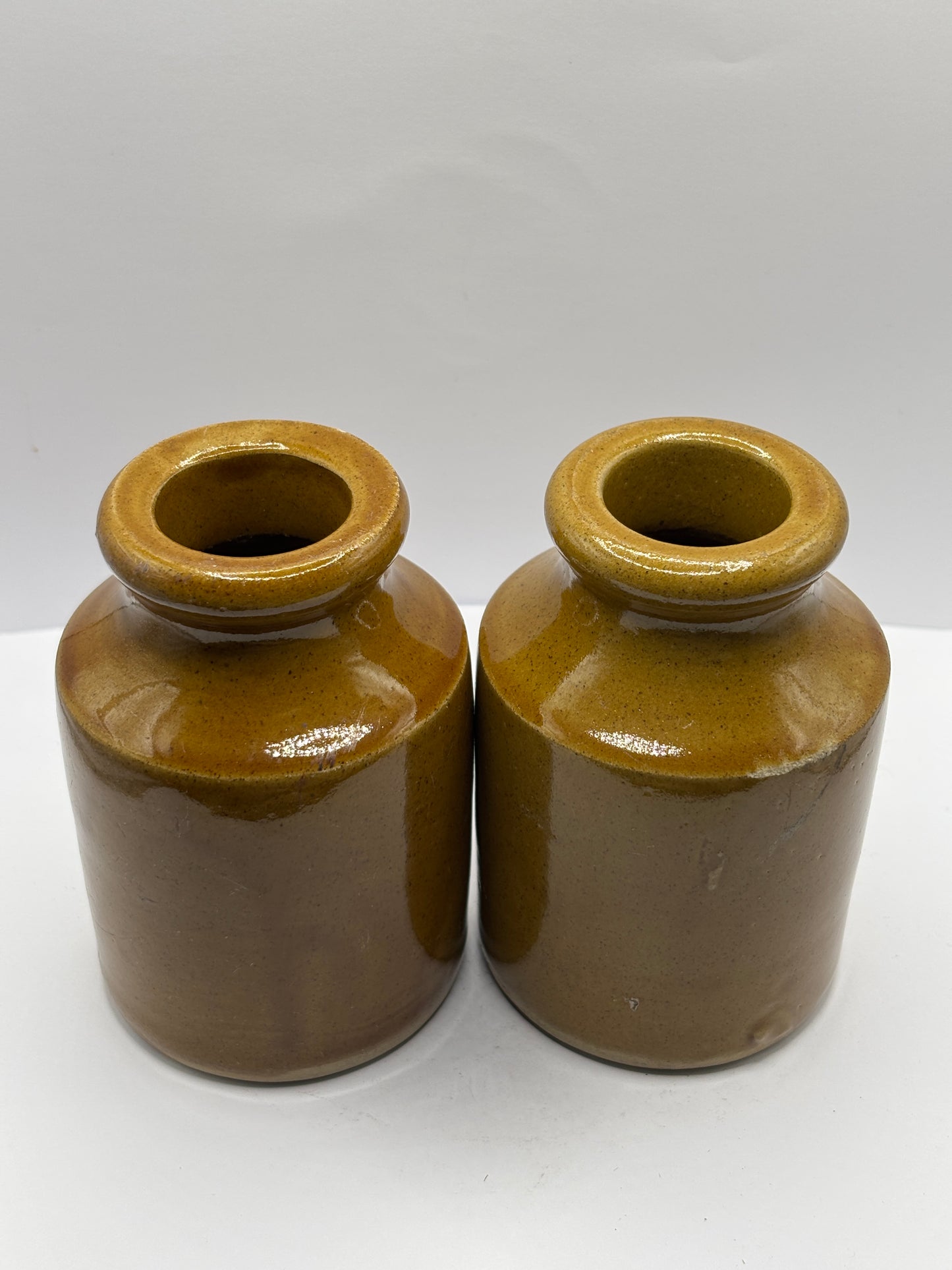 2 old brown stoneware mustard pots 11cms