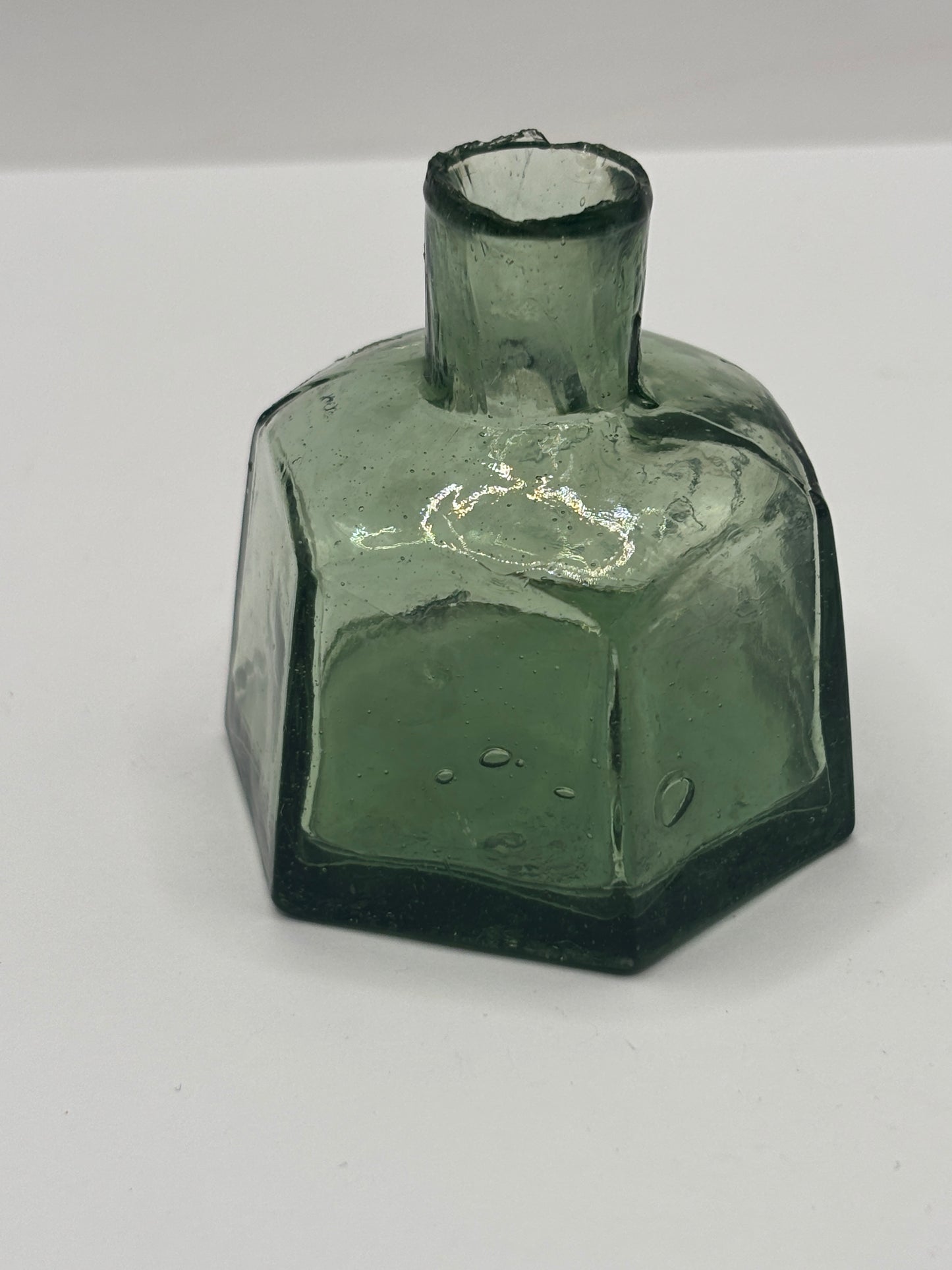 Old green glass advertising inkwell, penny ink, FM & Co