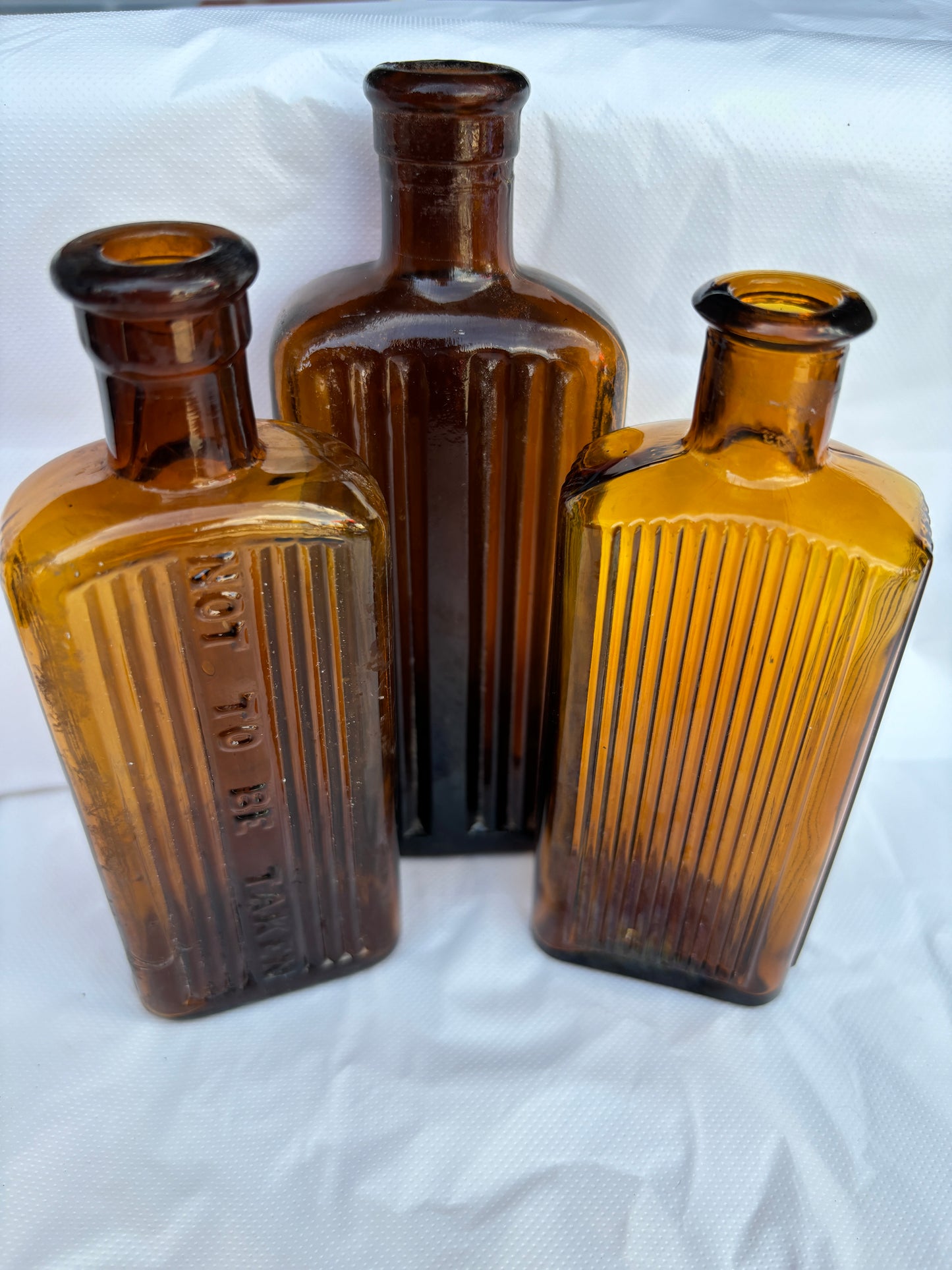 3 amber ribbed poison bottles, Not to be taken. Halloween decor