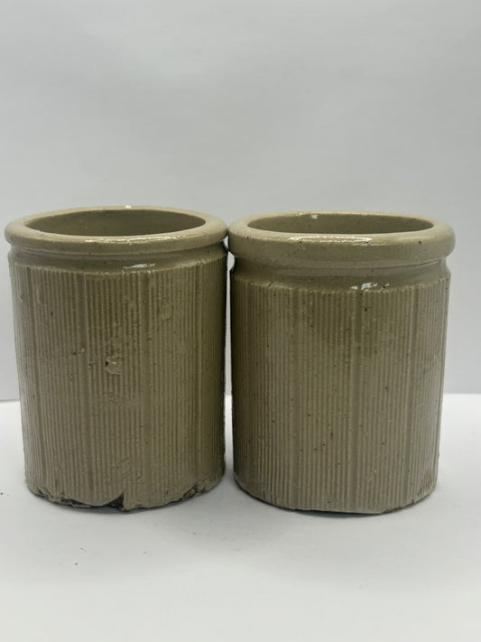 2 small old ribbed stoneware jam pots