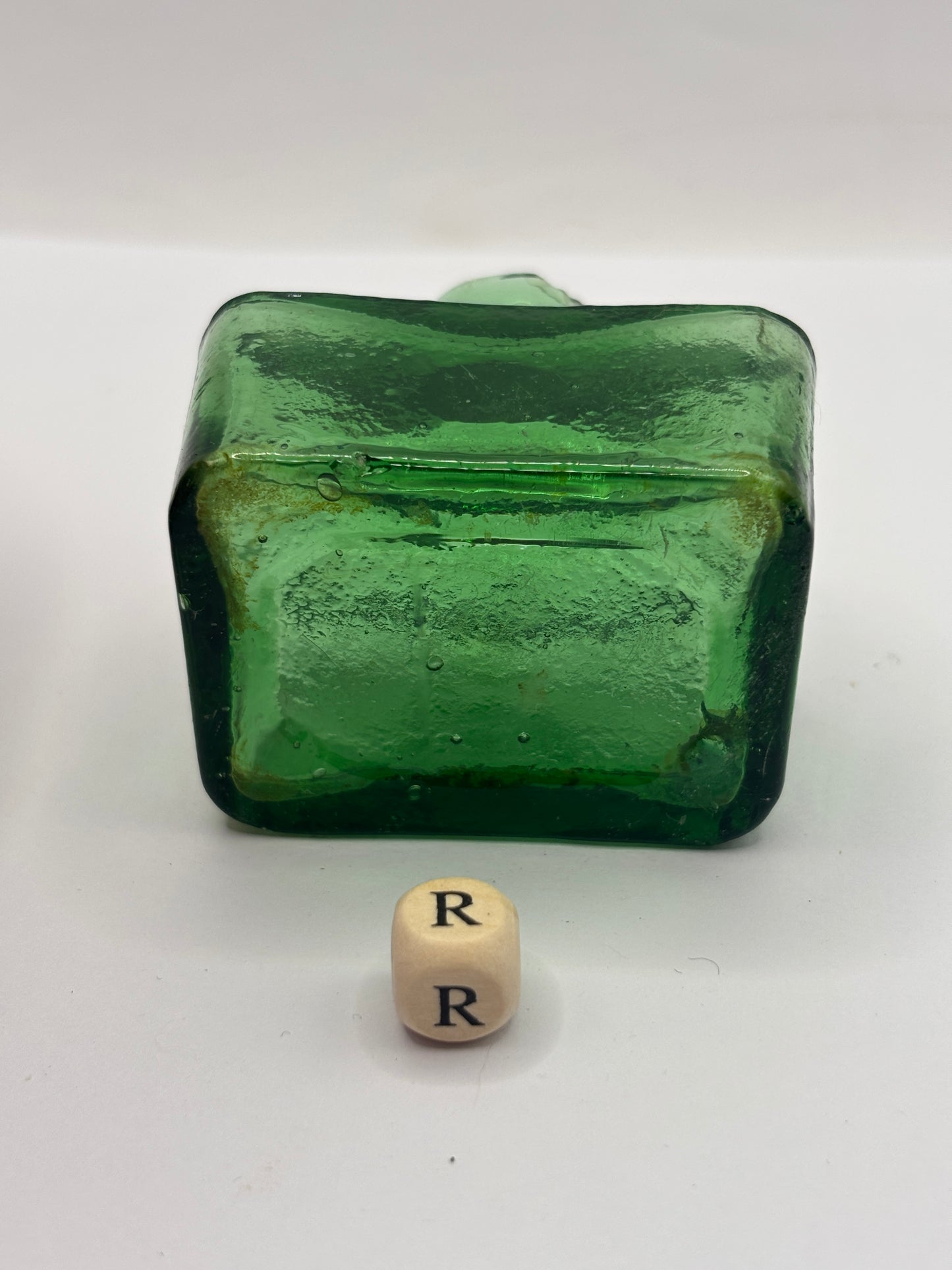 Old green glass boat ink, inkwell (R)