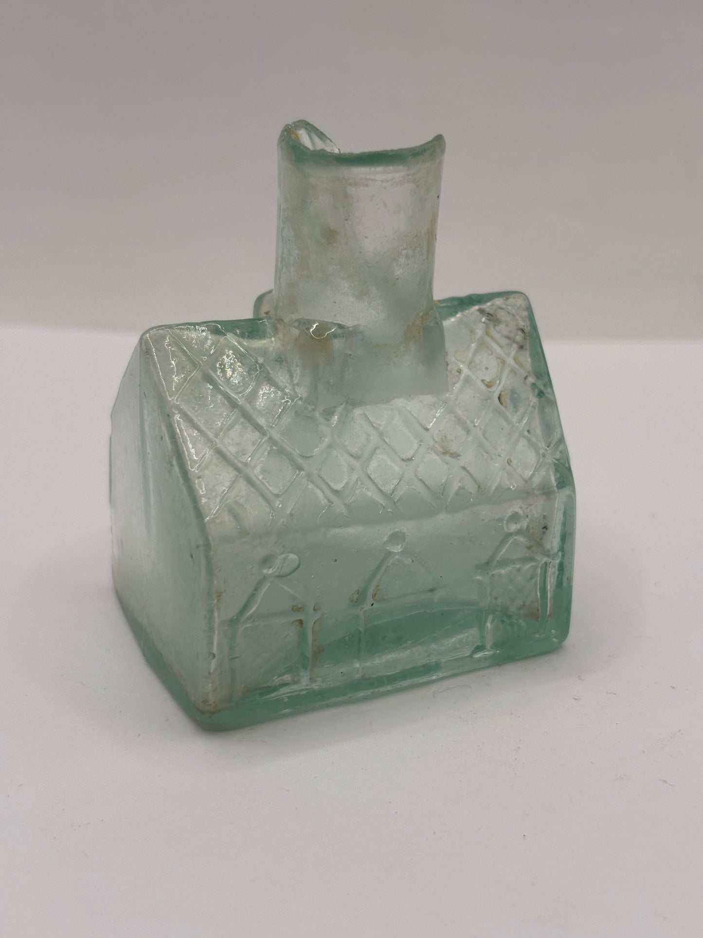 Old aqua glass cottage ink, ink bottle. Inkwell (ST) DAMAGED