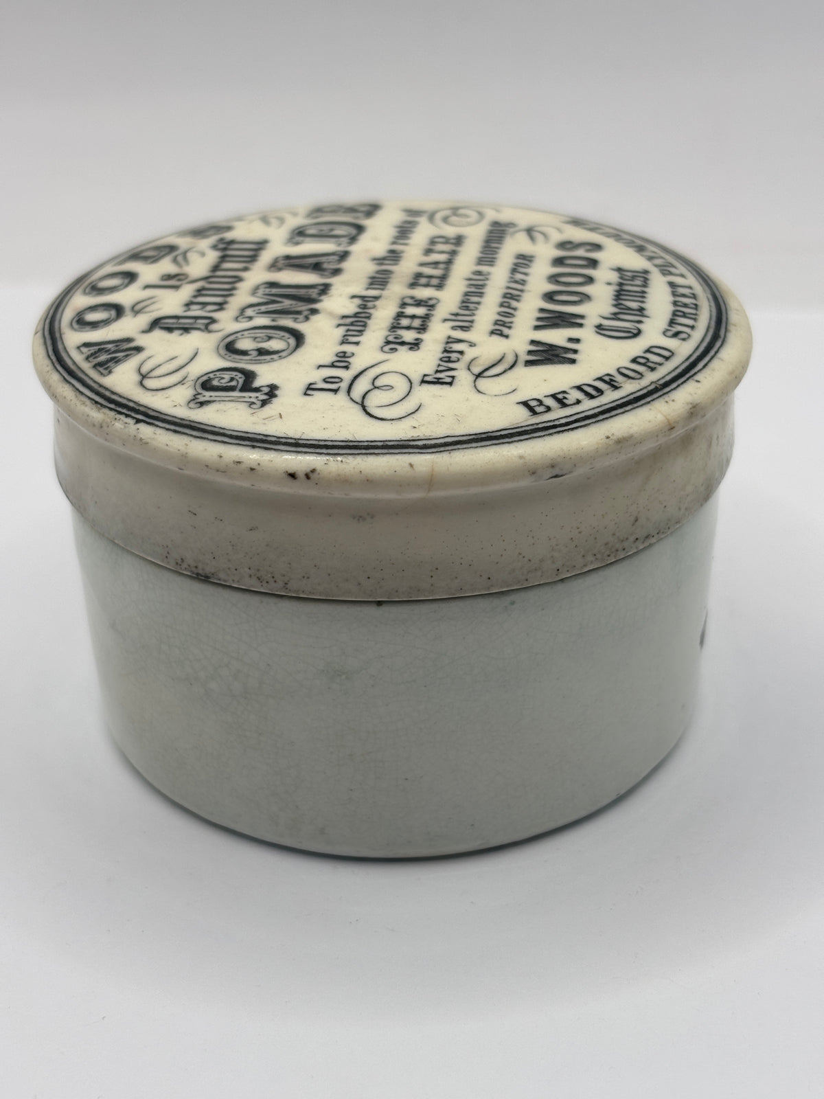 Old advertising lid and base. Woods Dandruff Pomade