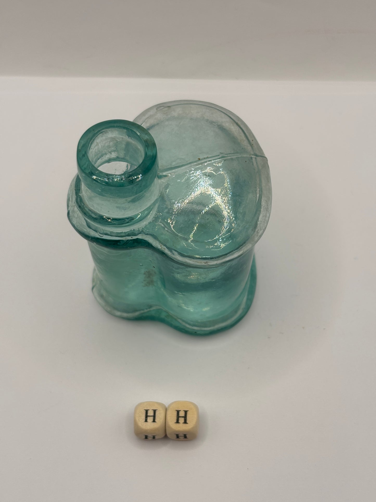 Old aqua glass inkwell (HH)