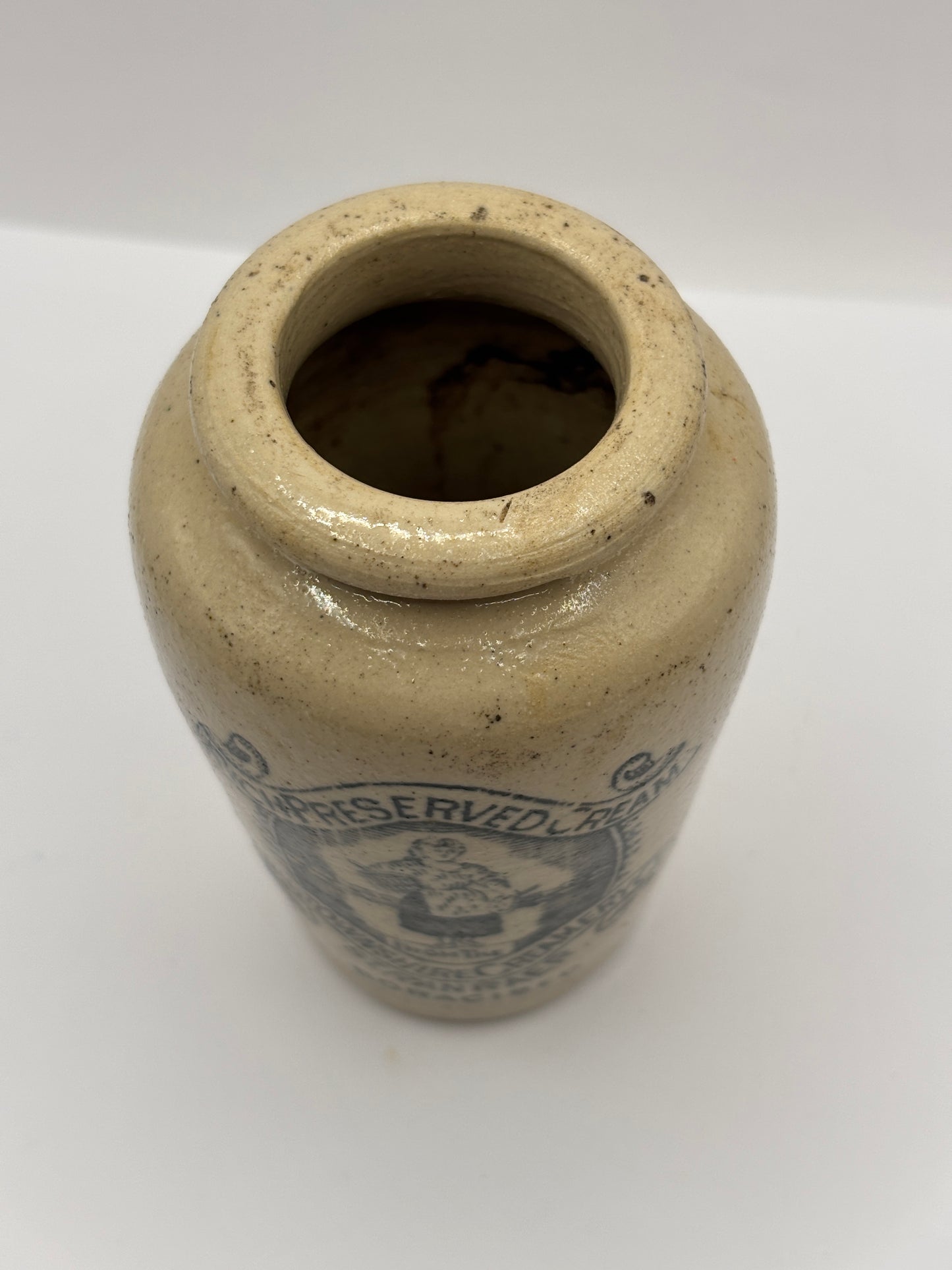 Old advertising cream pot, Rich preserved cream, Stranraer. Milk maid.