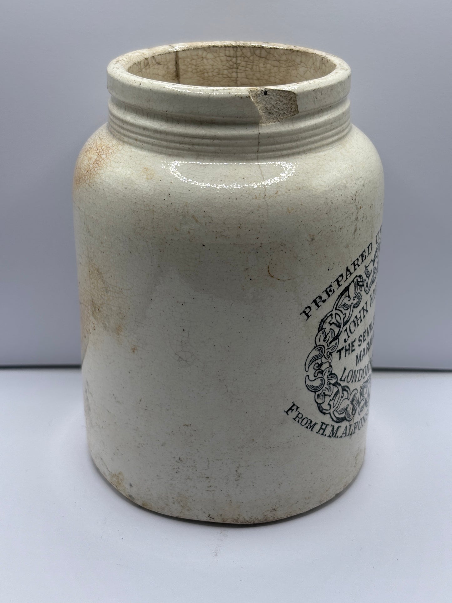 Old rare 2lb John Moir marmalade jar, The seville orange marmalade. Damaged