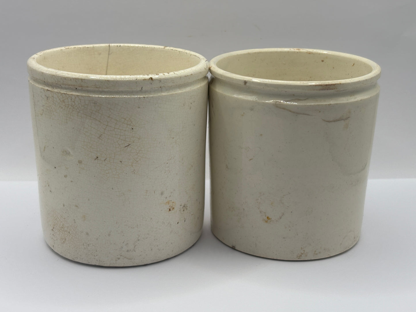2 old white stoneware jam & marmalade pots. Chippy/hairline