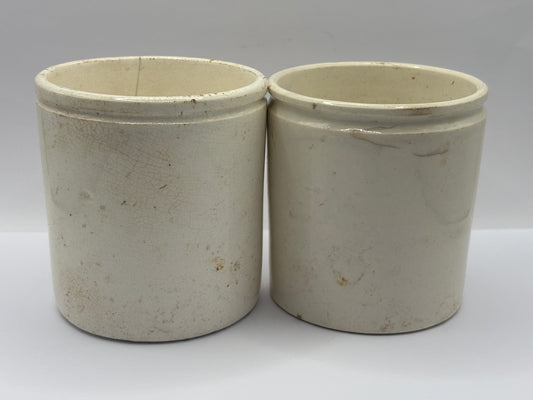 2 old white stoneware jam & marmalade pots. Chippy/hairline
