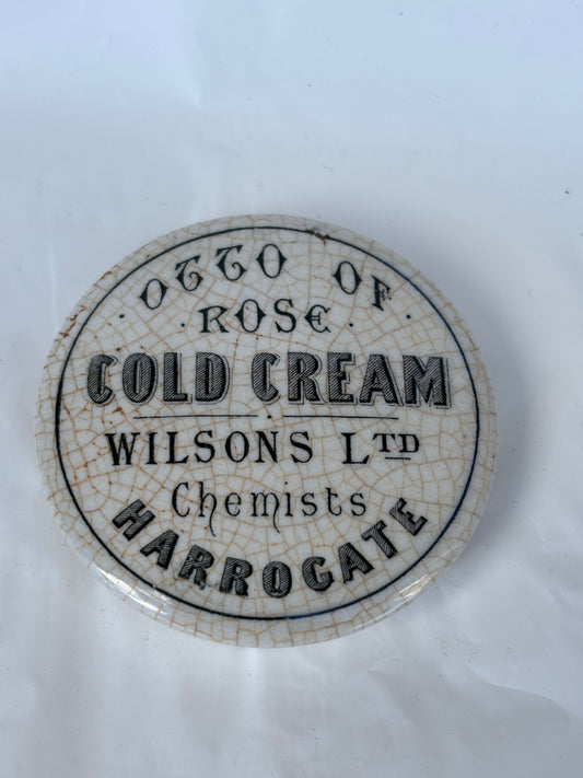 Old otto of rose cold cream advertising lid, pot lid. Harrogate