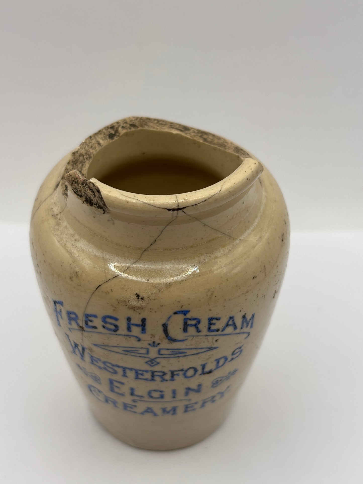 Old rare advertising cream pot, Fresh cream Westerfolds Elgin creamery. Damaged. Repair project?