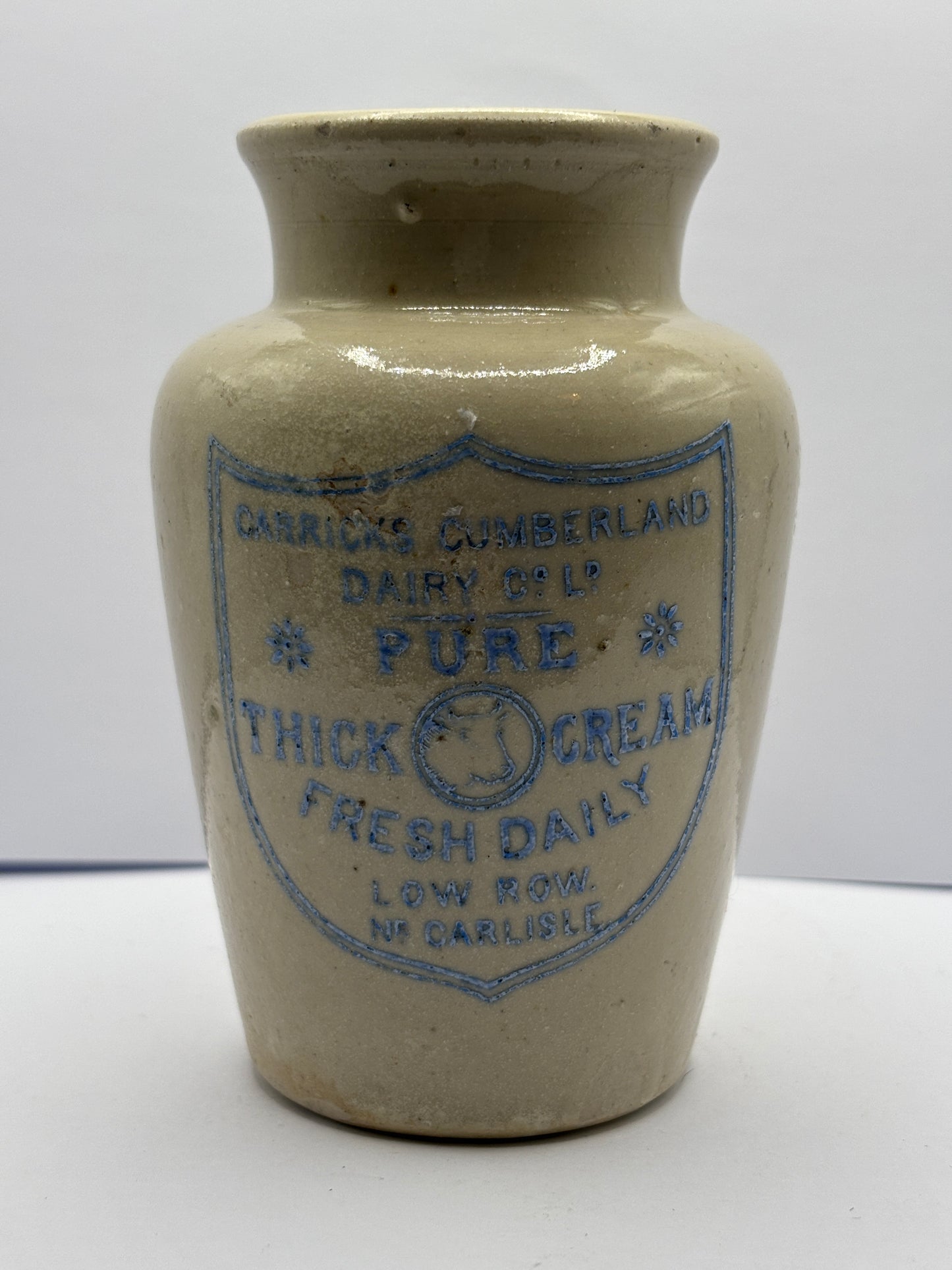 Old blue print advertising stoneware cream pot, Carricks cumberland dairy co, Pure thick cream