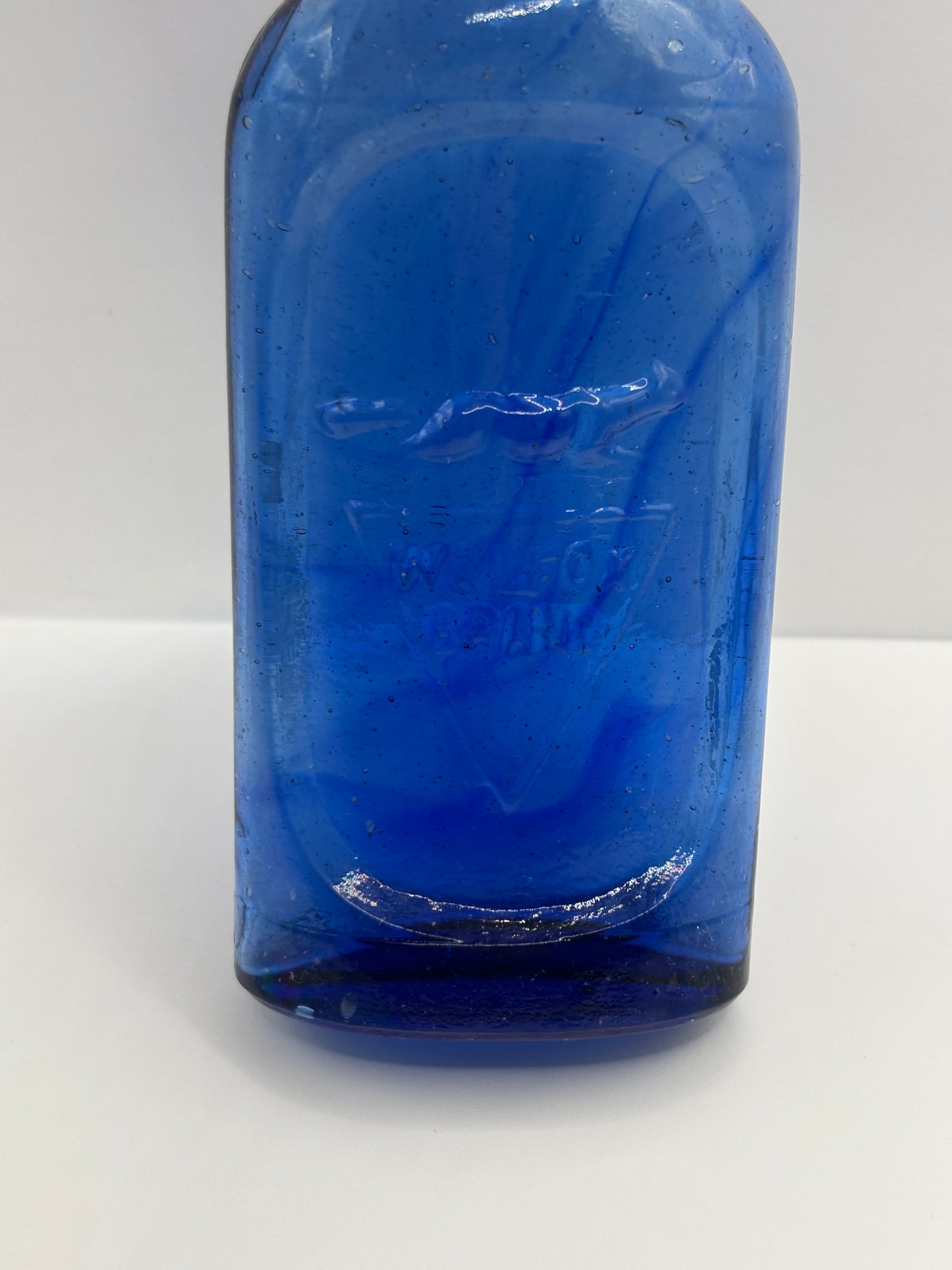 Old blue glass advertising chemist bottle, walfox brand