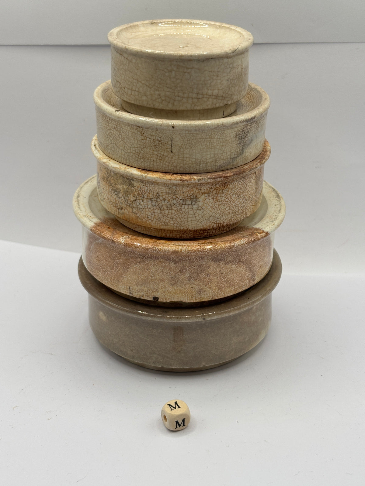 5 old stoneware pot lid bases, stackers (m)