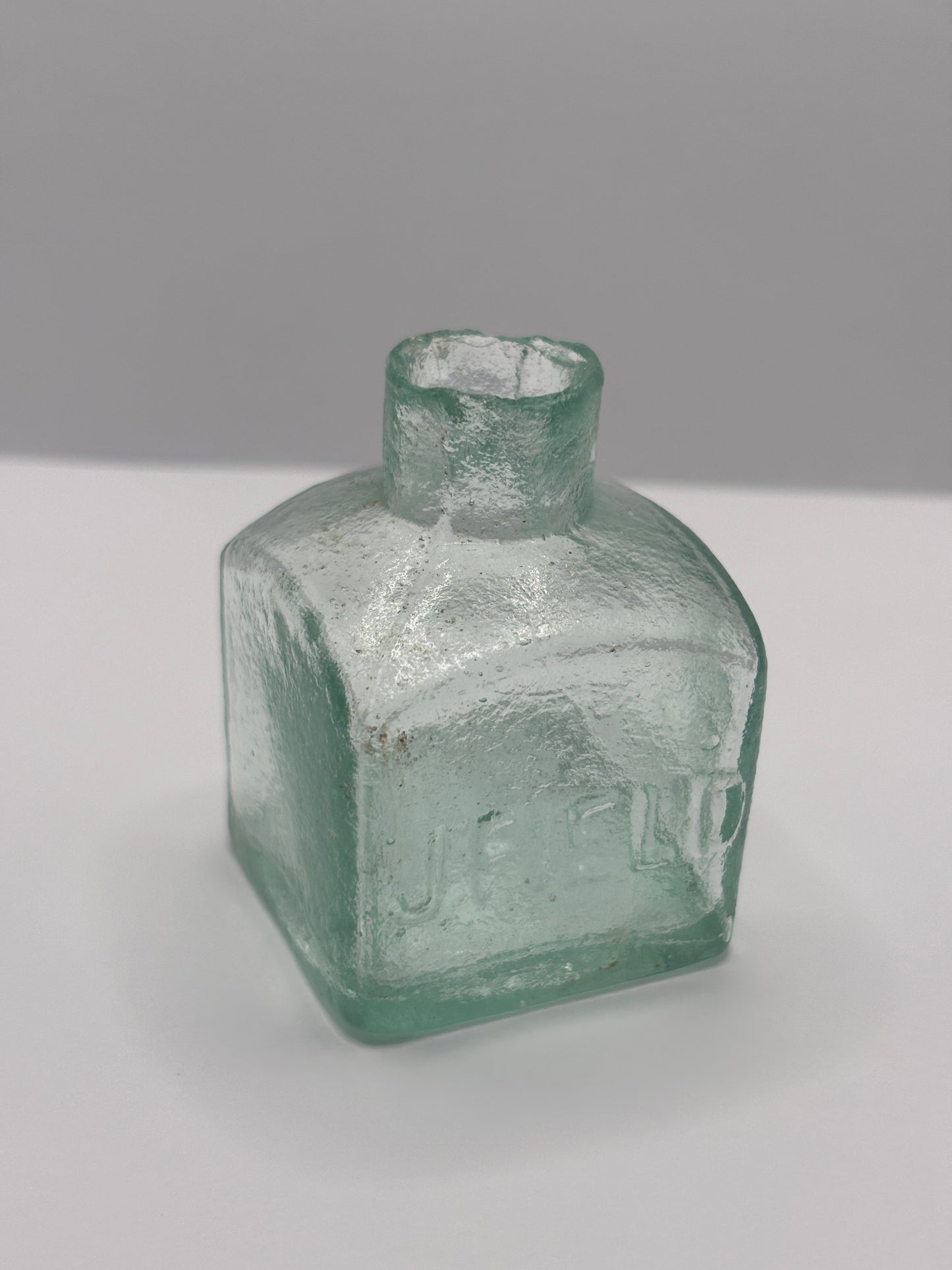 Old aqua glass advertising ink, ink bottle, inkwell. J.Field