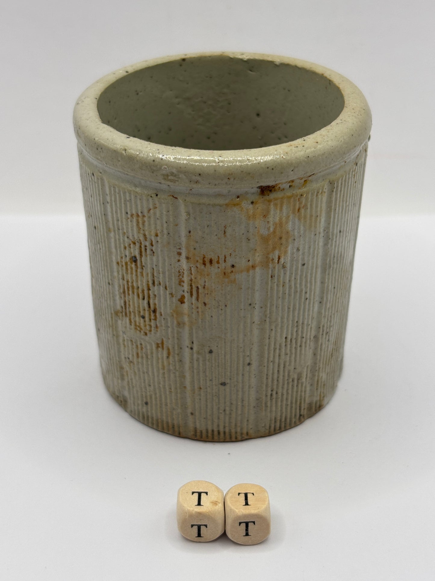 Old small ribbed stoneware jam pot (TT)