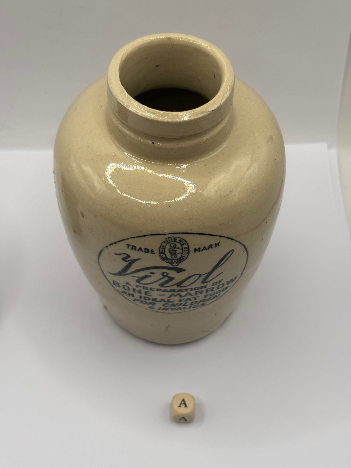 Old advertising stoneware Virol pot, 13.5cms (a)