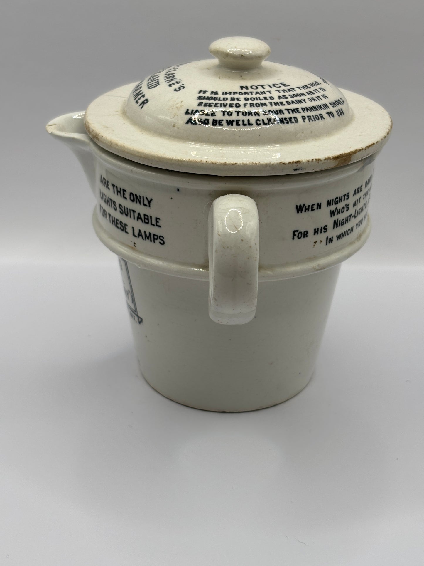 Old stoneware advertising food warmer. Clarkes Pyramid food warmer. Damaged/repaired